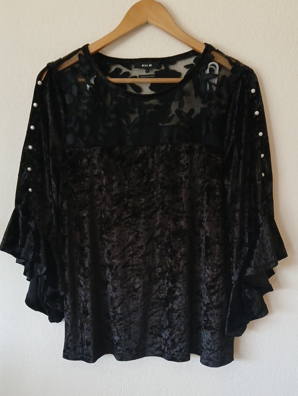 Miss Me Crushed Velvet Black Top Sheer Top Pearl Accents Flutter Sleeves